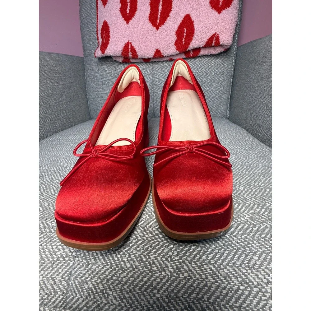 Coutgo Red‎ Satin Platform Pumps Block Heel Square Toe Bow Heels Womens 8.5